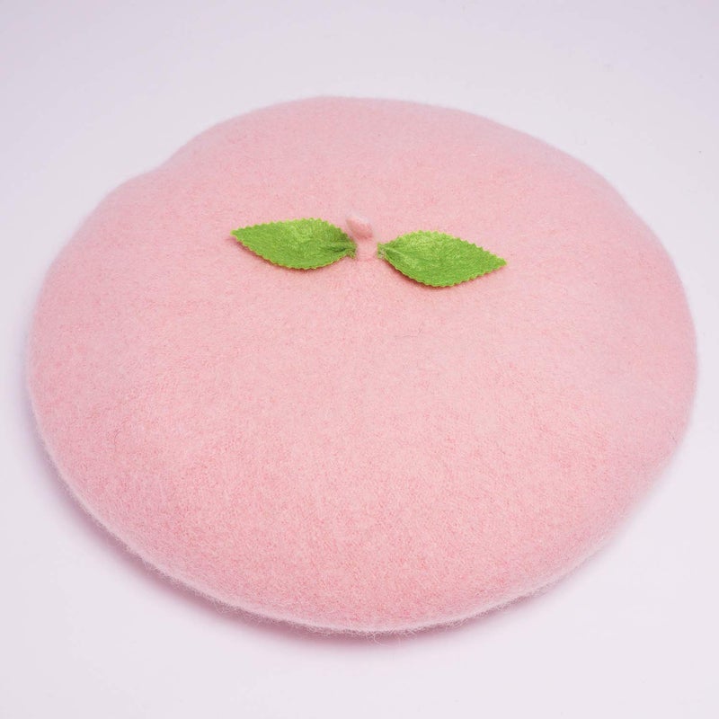 Faiccia Kawaii Handmade Cartoon Beret Hat Green Leaves Fruit Cosplay Vintage Lolita Mori Girl Wool Cap Gift (Pink) - Image 4